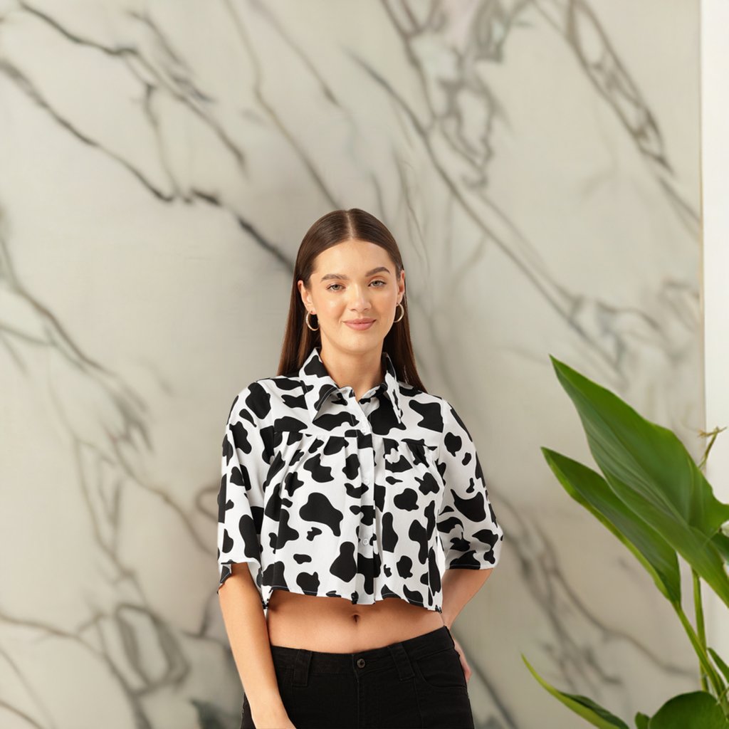 Animal Print Flared Sleeves Shirt Style Crop Top - RueCollections