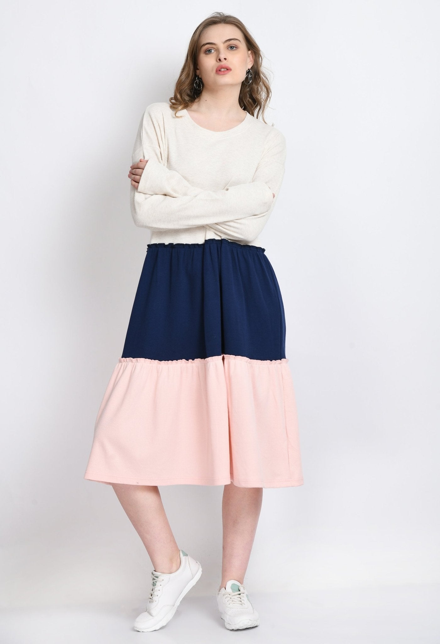 Beige Navy Pink Color Block Waffle Dress - RueCollections