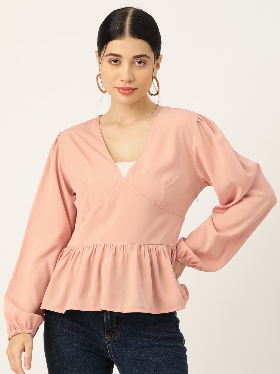 Beige Solid Puff Sleeve Crepe Peplum Top - RueCollections