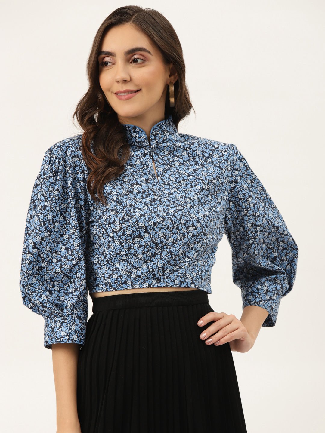 Black & Blue Floral Print Mandarin Collar Shirt Style Crop Top - RueCollections