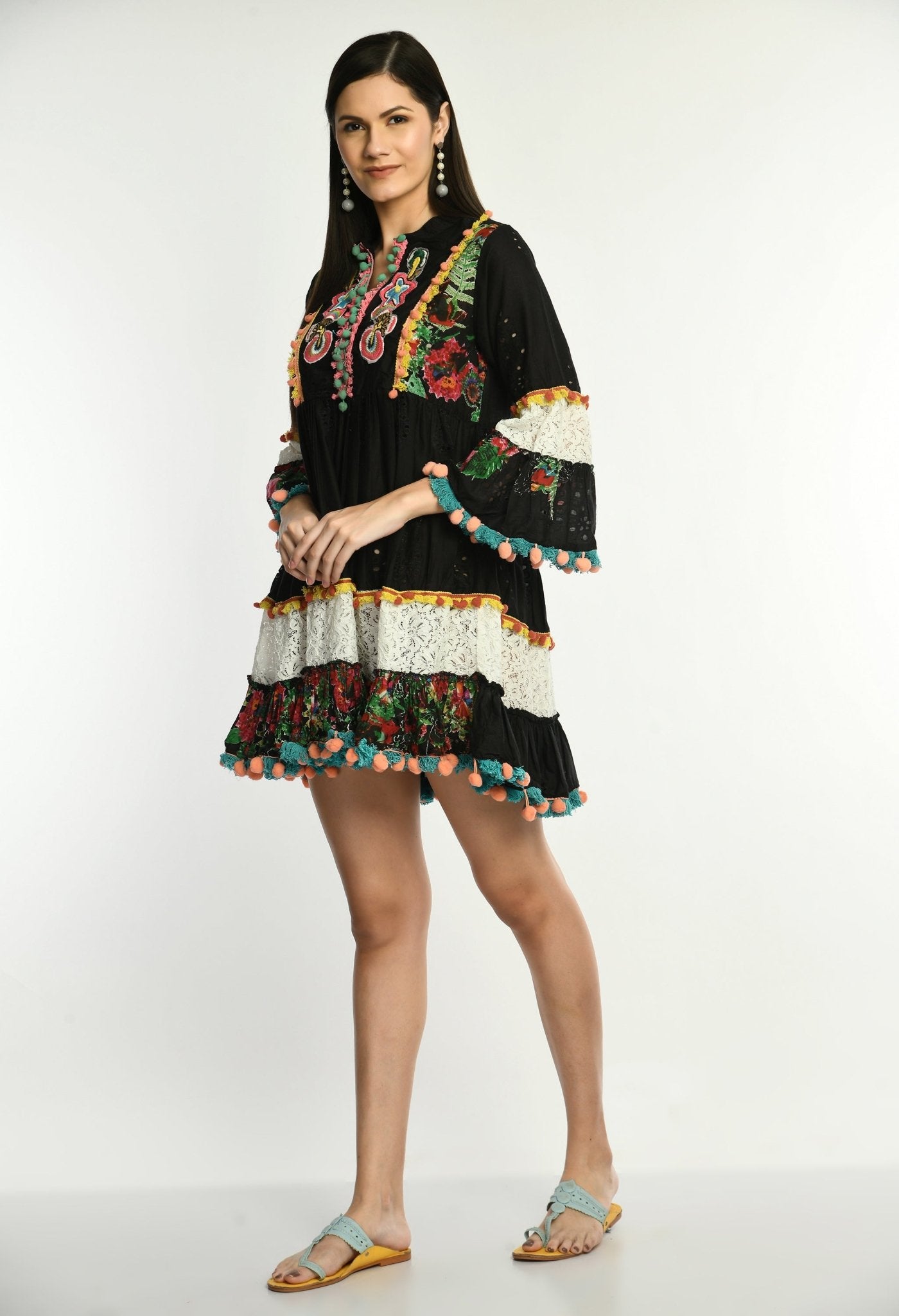 Black Boho Embroidered Cutwork Dress - RueCollections