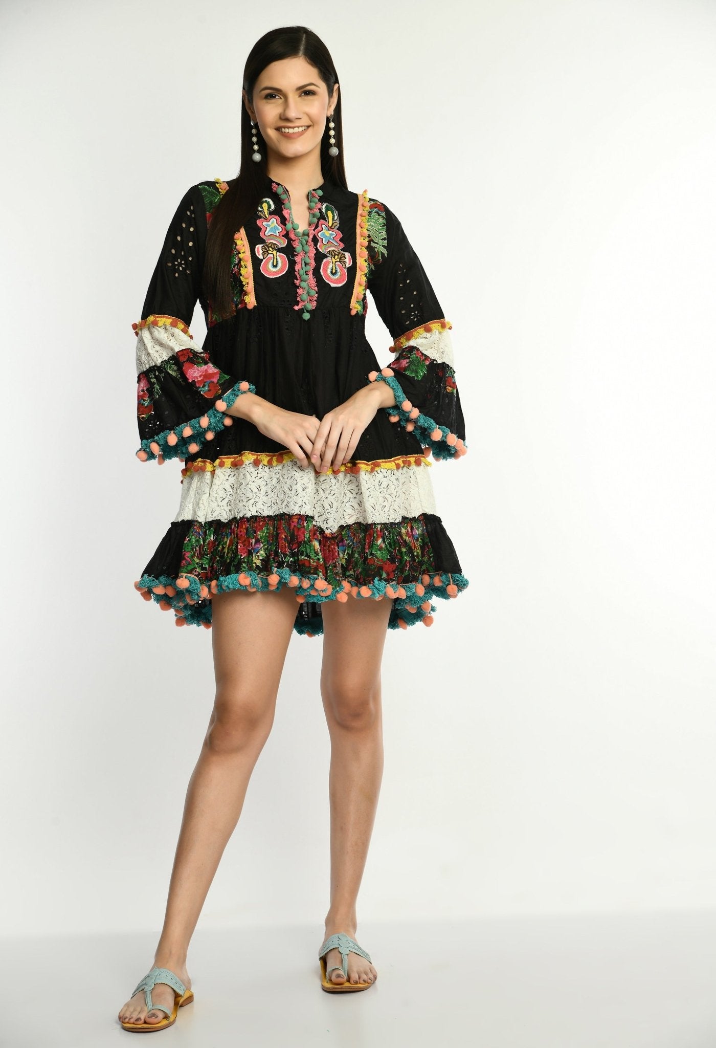 Black Boho Embroidered Cutwork Dress - RueCollections