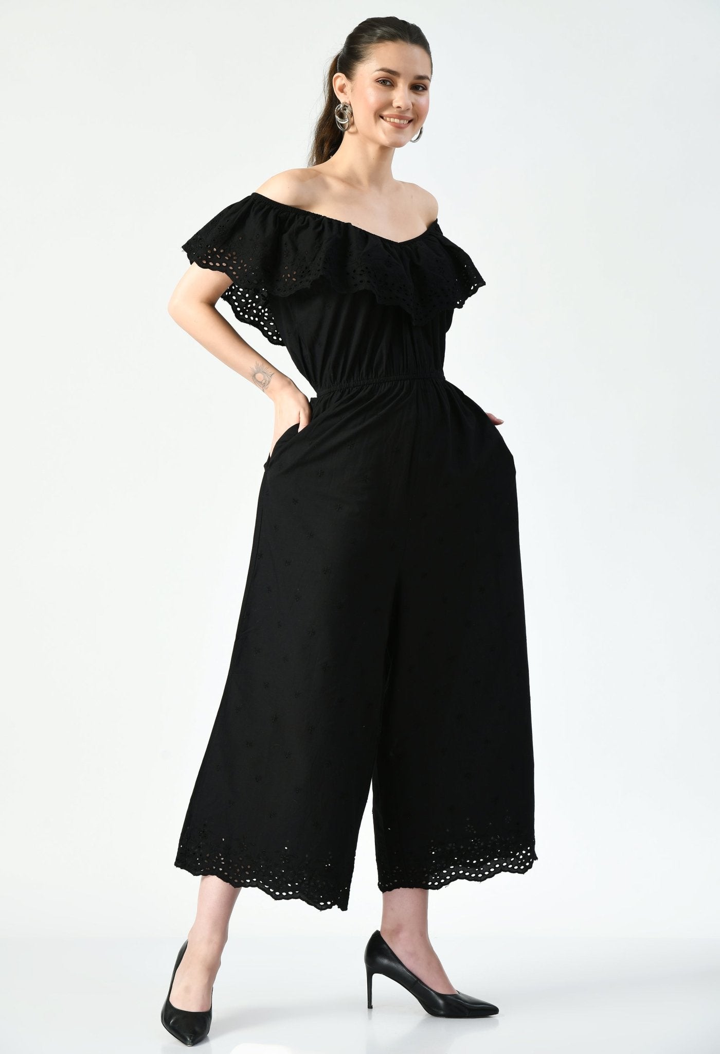 Black Schiffli Jumpsuit - RueCollections