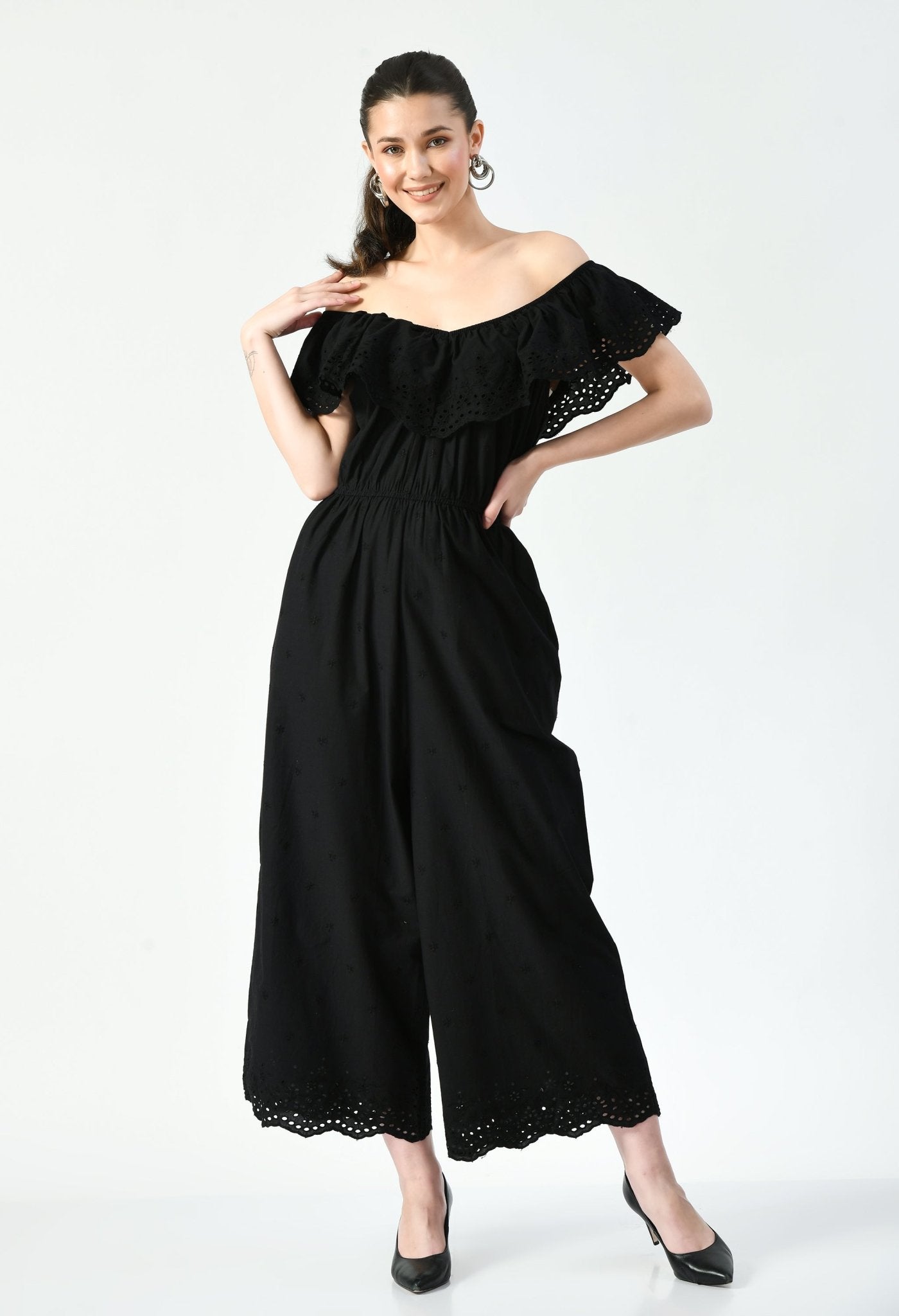 Black Schiffli Jumpsuit - RueCollections