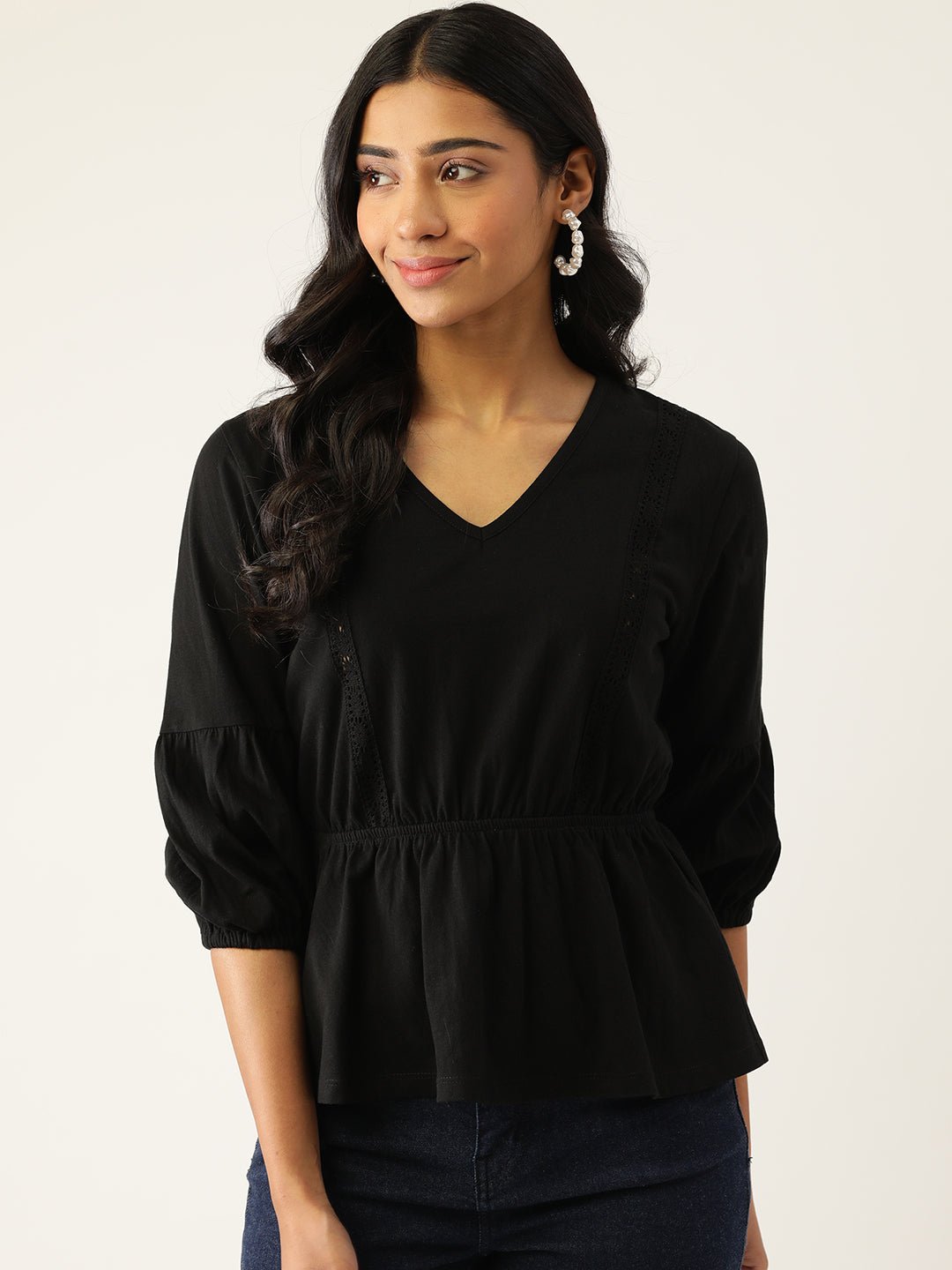 Black Solid Cinched Waist Top - RueCollections