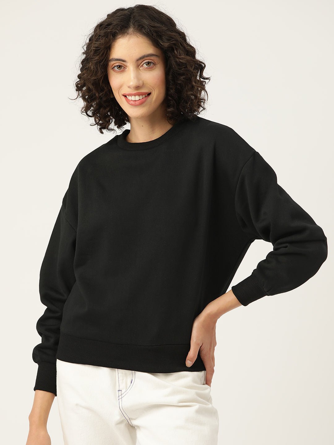 Black Solid Fleece Sweatshirt - RueCollections