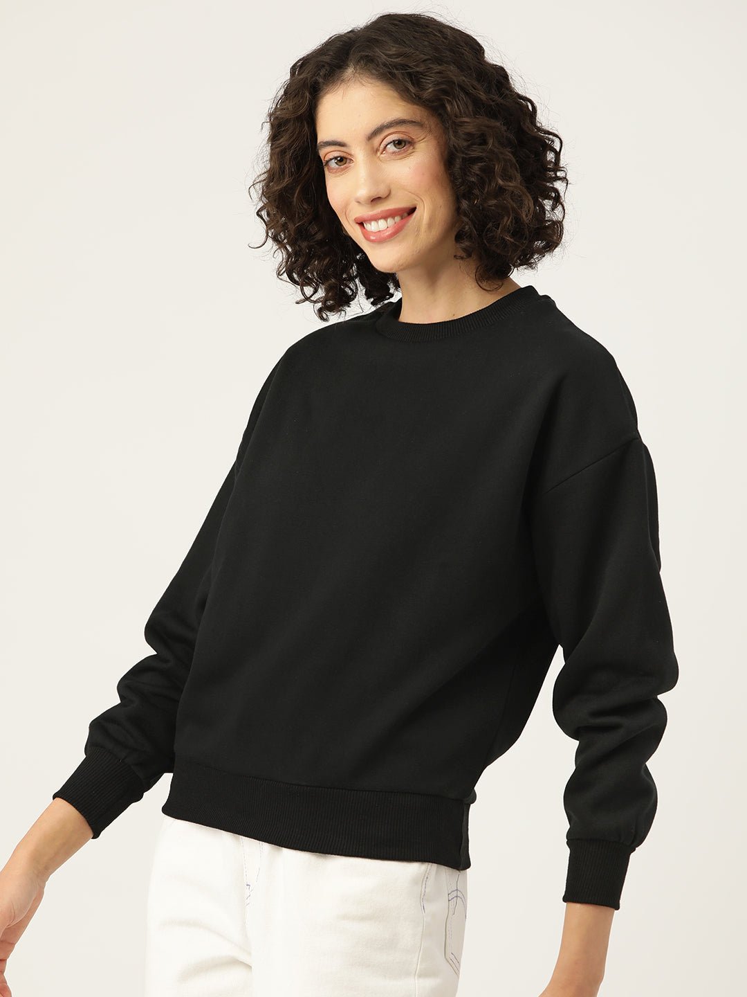 Black Solid Fleece Sweatshirt - RueCollections