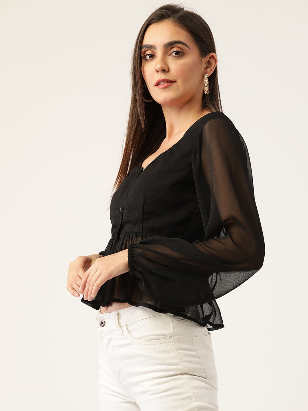 Black Solid Semi Sheer Peplum Top - RueCollections