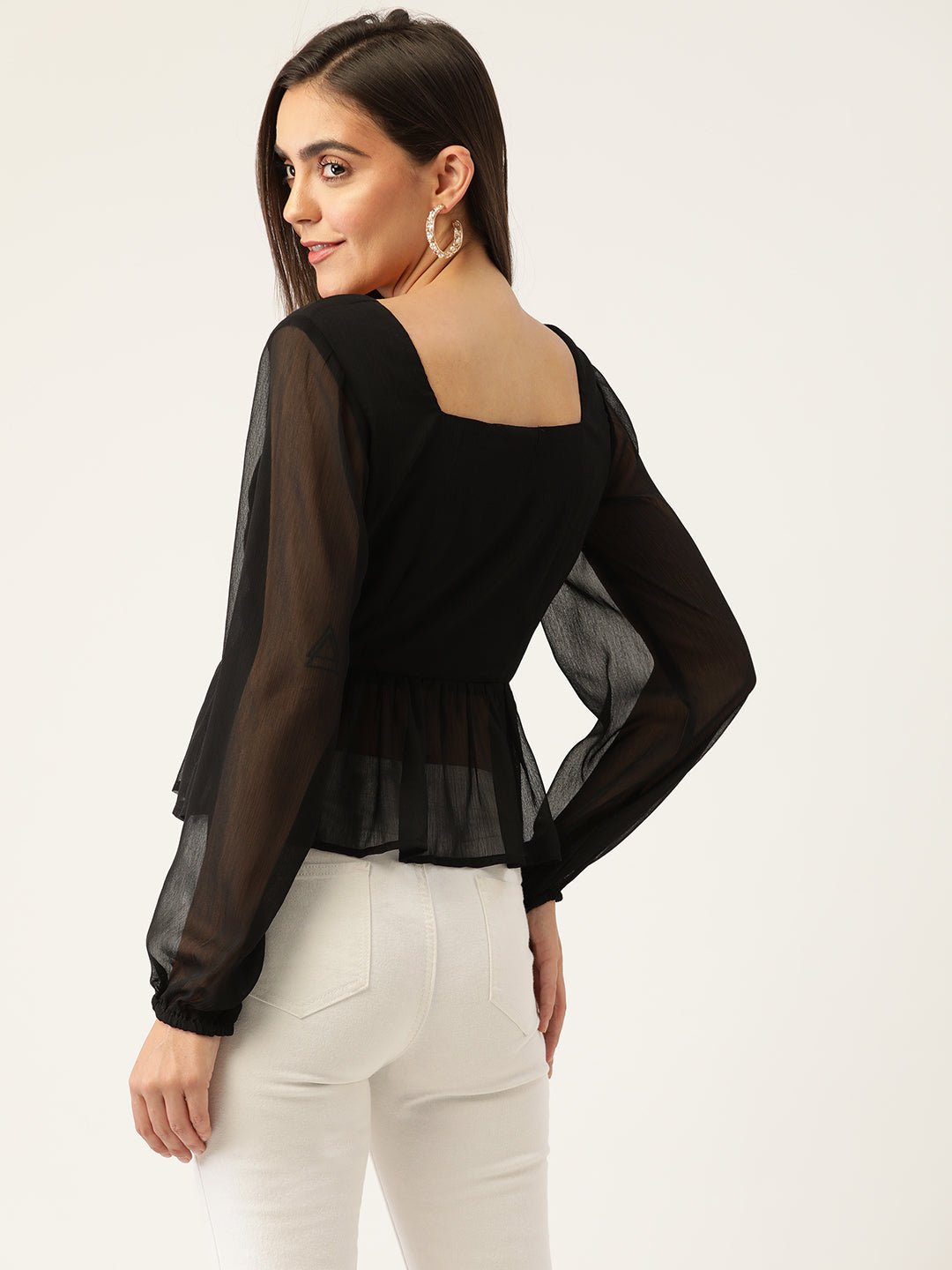 Black Solid Semi Sheer Peplum Top - RueCollections