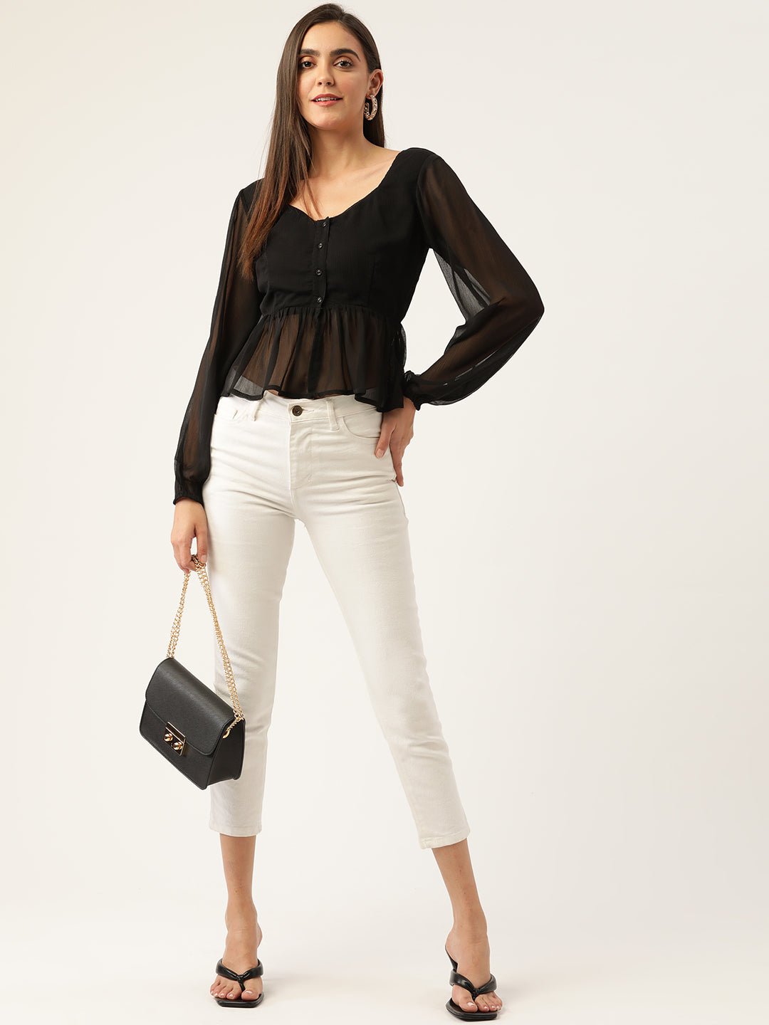 Black Solid Semi Sheer Peplum Top - RueCollections