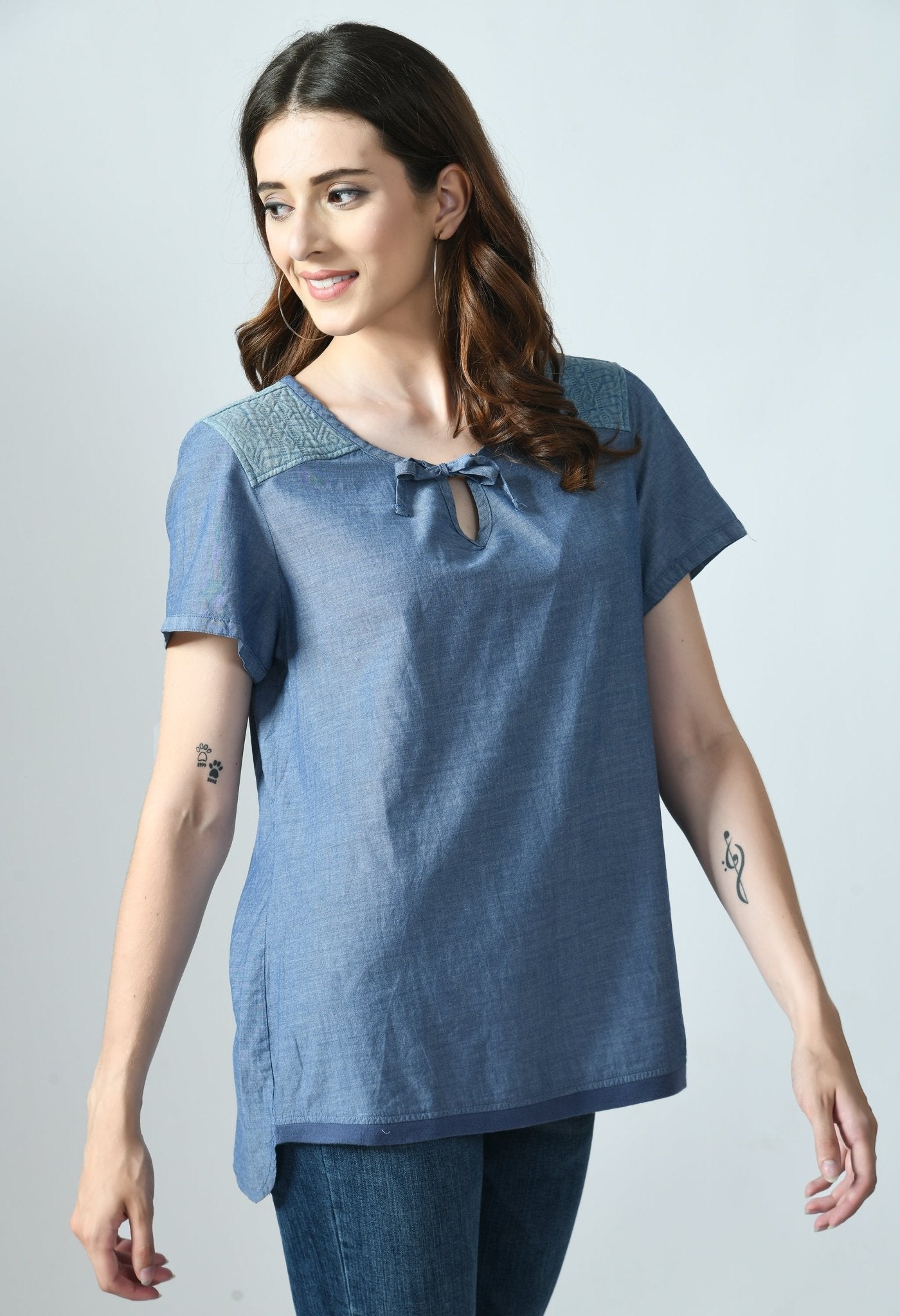 BLUE KNOT DENIM LOOK TOP - RueCollections