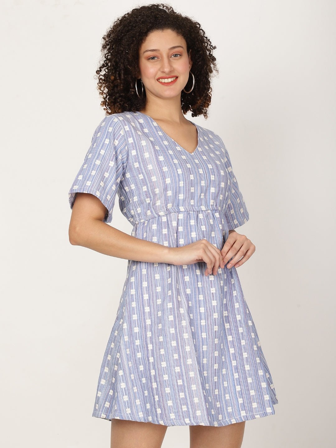 Blue Printed Fit and Flare Dress - RueCollections