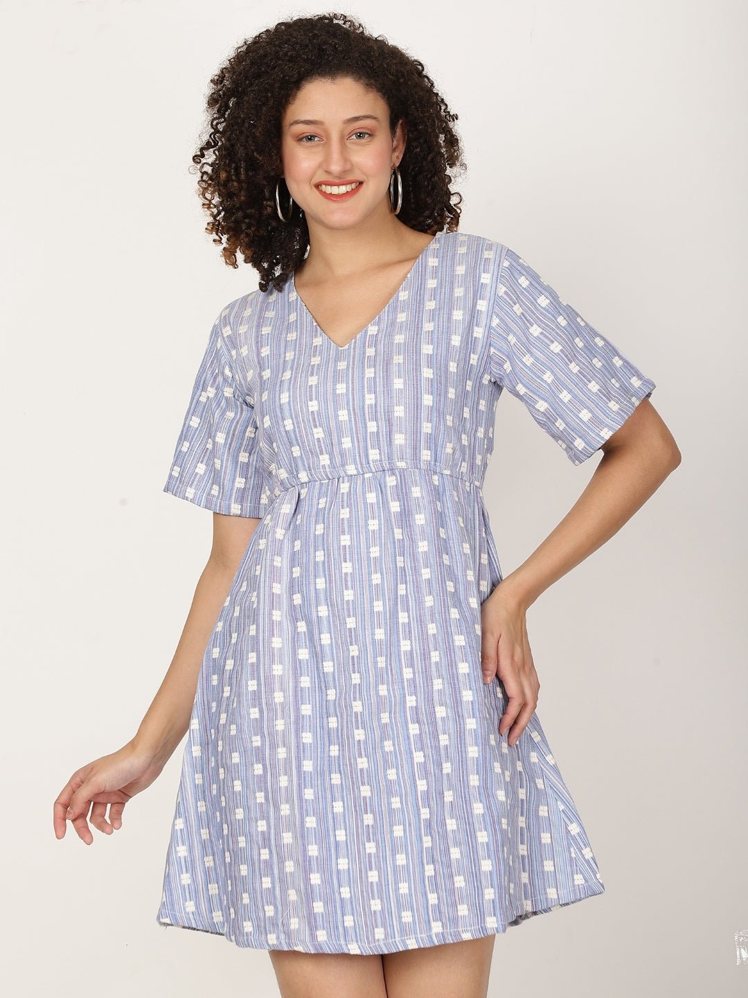 Blue Printed Fit and Flare Dress - RueCollections