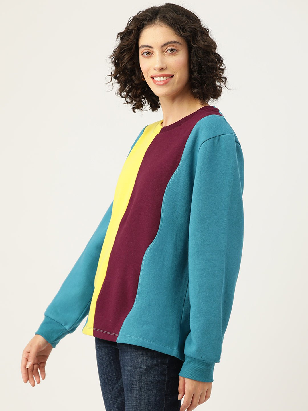 Blue Striped Colourblocked Longline Fleece Sweatshirt - RueCollections