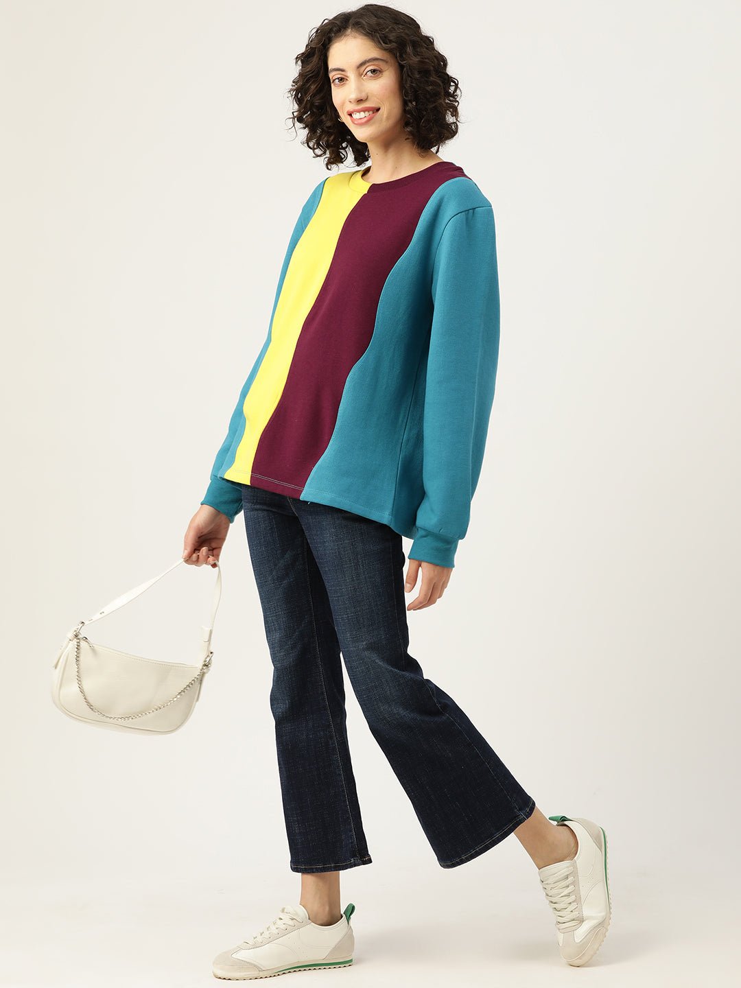 Blue Striped Colourblocked Longline Fleece Sweatshirt - RueCollections