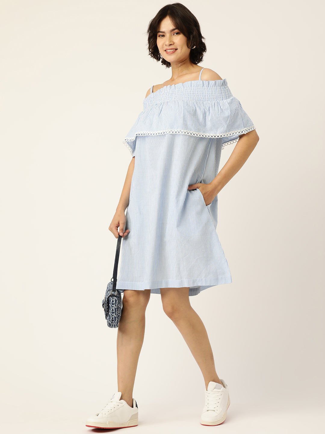 Blue & White Pure Cotton Striped Blouson Dress - RueCollections