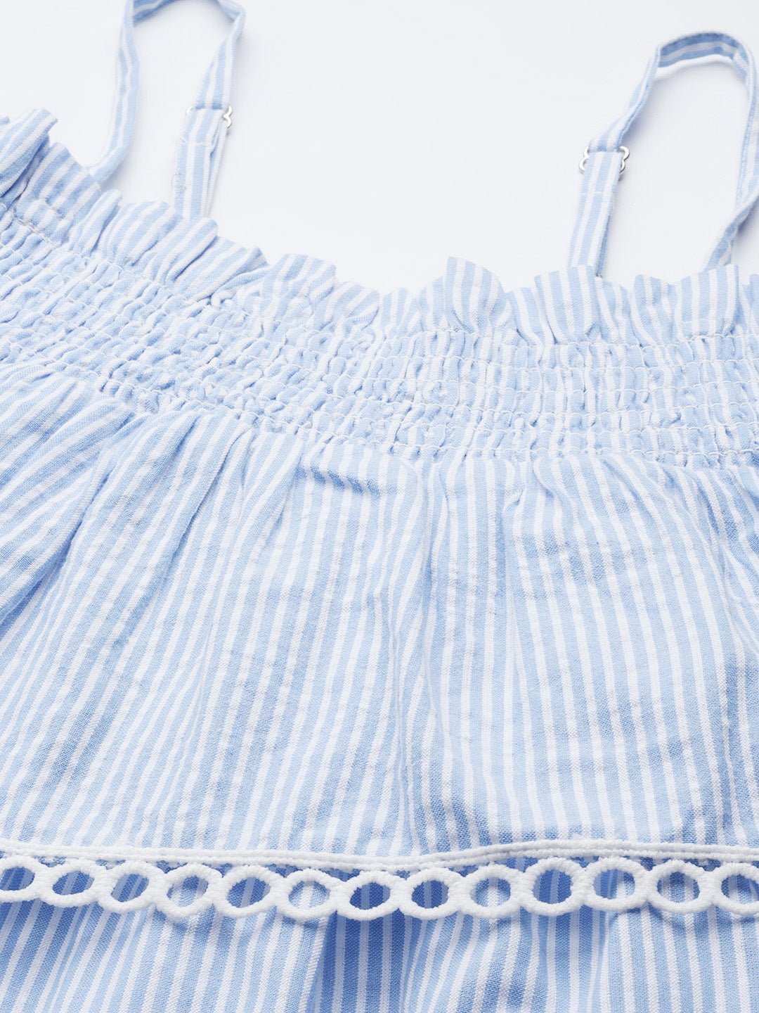 Blue & White Pure Cotton Striped Blouson Dress - RueCollections