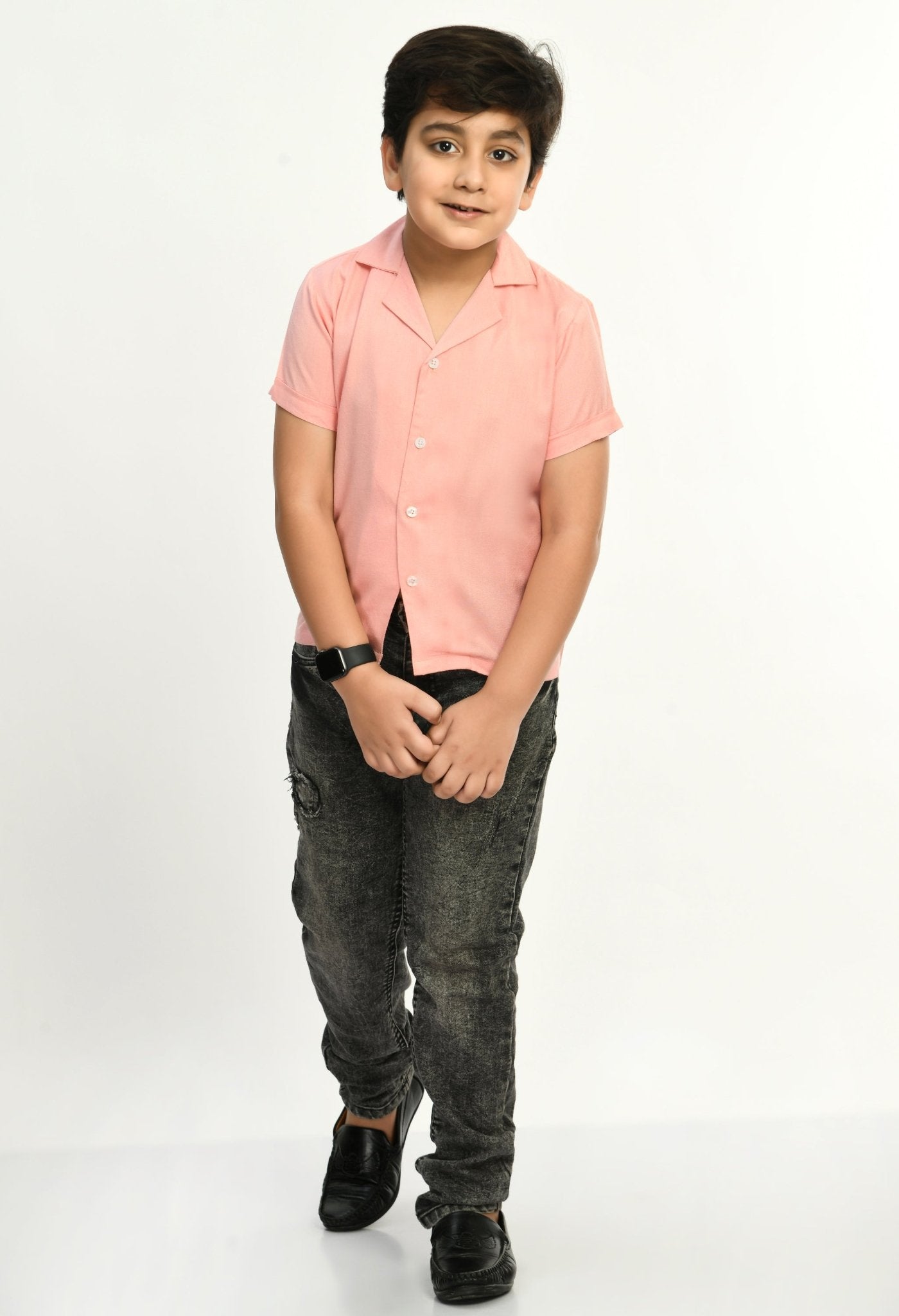 Boys Half Sleeves Viscose Shirt Pink - RueCollections