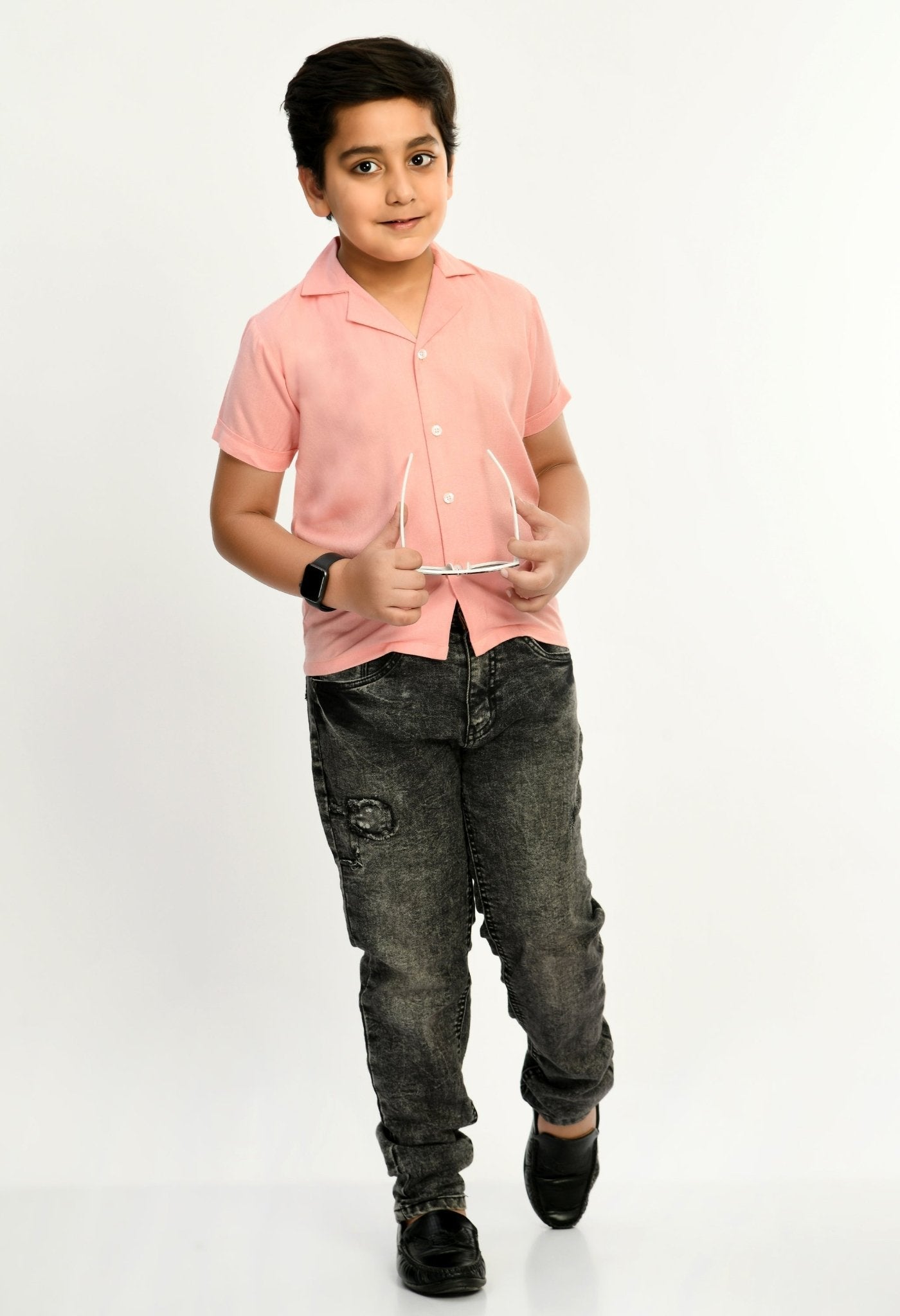 Boys Half Sleeves Viscose Shirt Pink - RueCollections