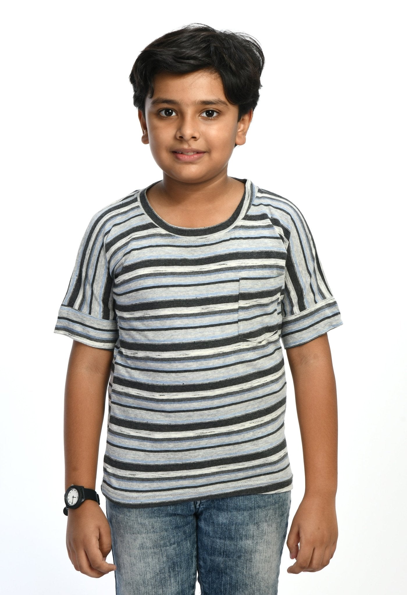 Boys Horizontal Striped T-shirt With Chest Pocket - RueCollections