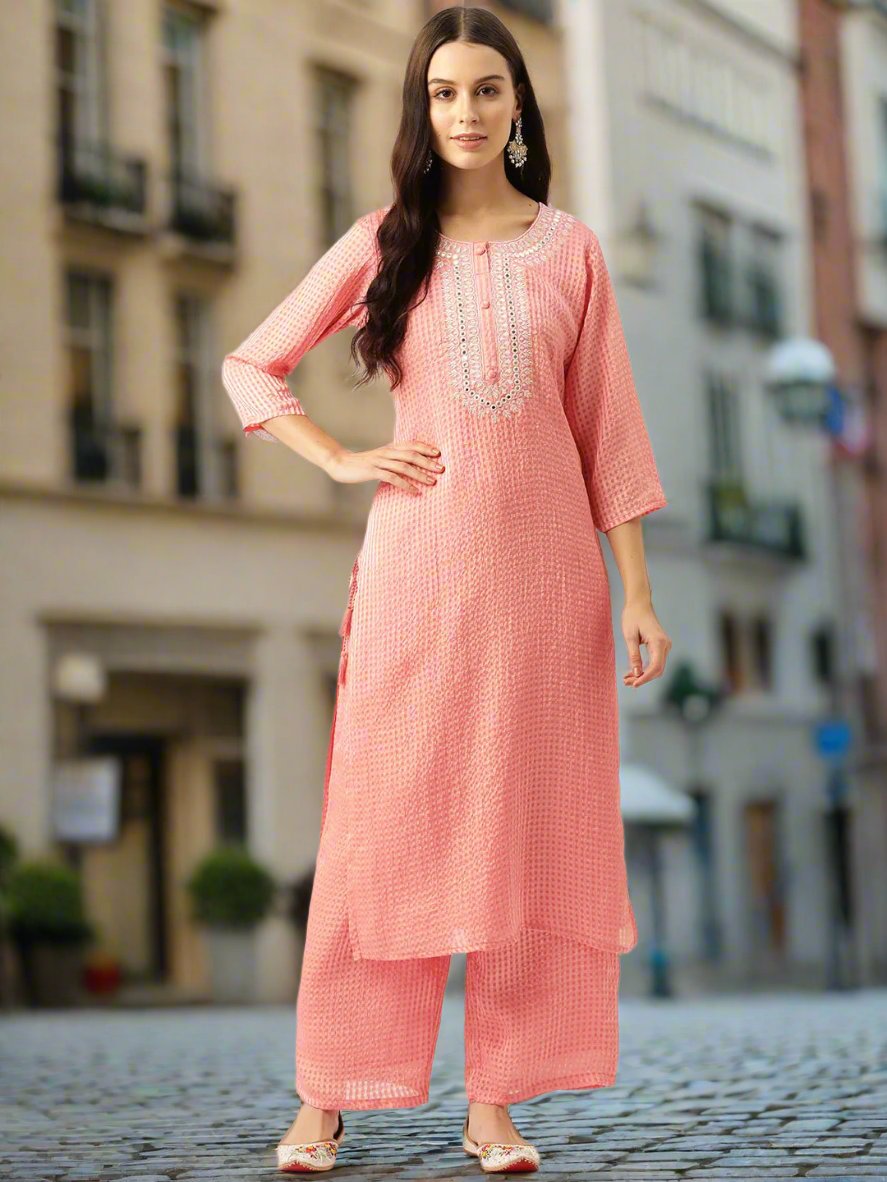 Checked Mirror Work Georgette Kurta with Palazzos - RueCollections