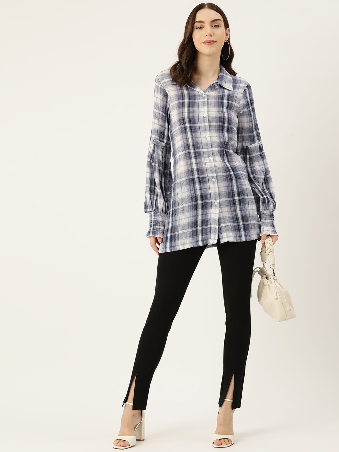 Checked Puff Sleeve Cotton Shirt Style Longline Top - RueCollections