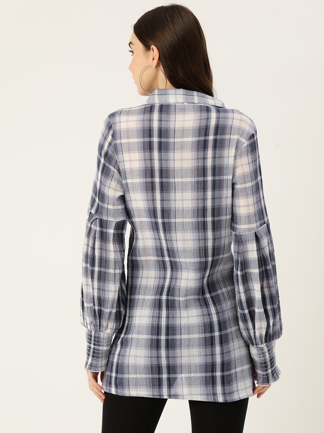 Checked Puff Sleeve Cotton Shirt Style Longline Top - RueCollections