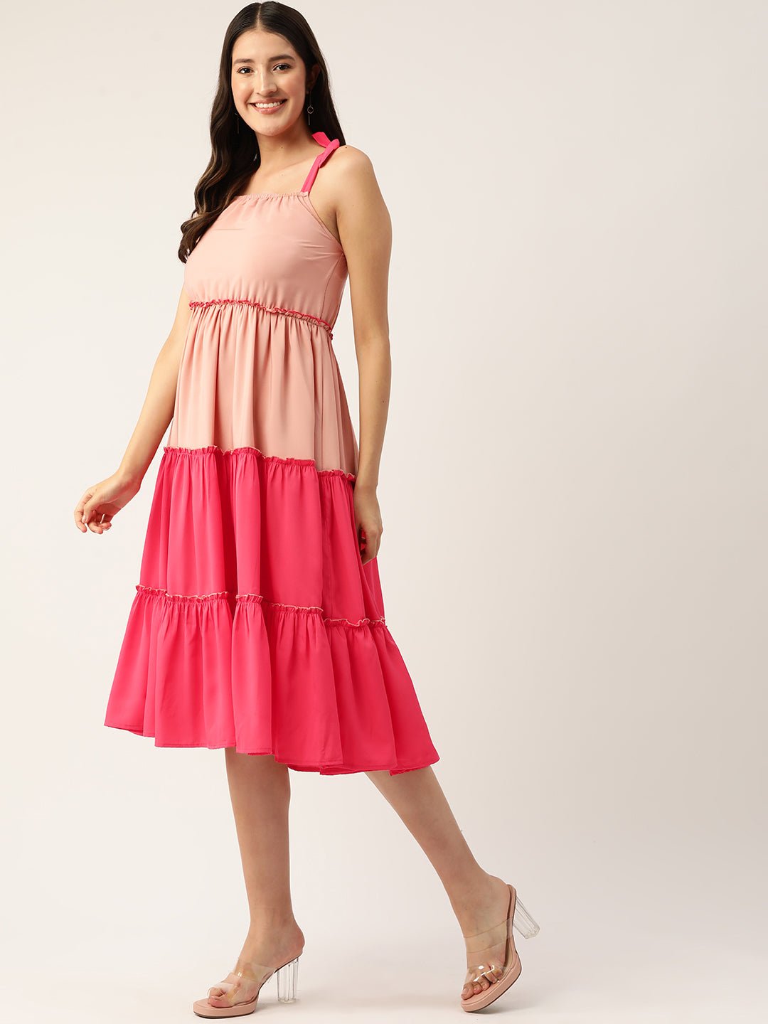 Colourblocked Tiered Crepe A - Line Dress - RueCollections