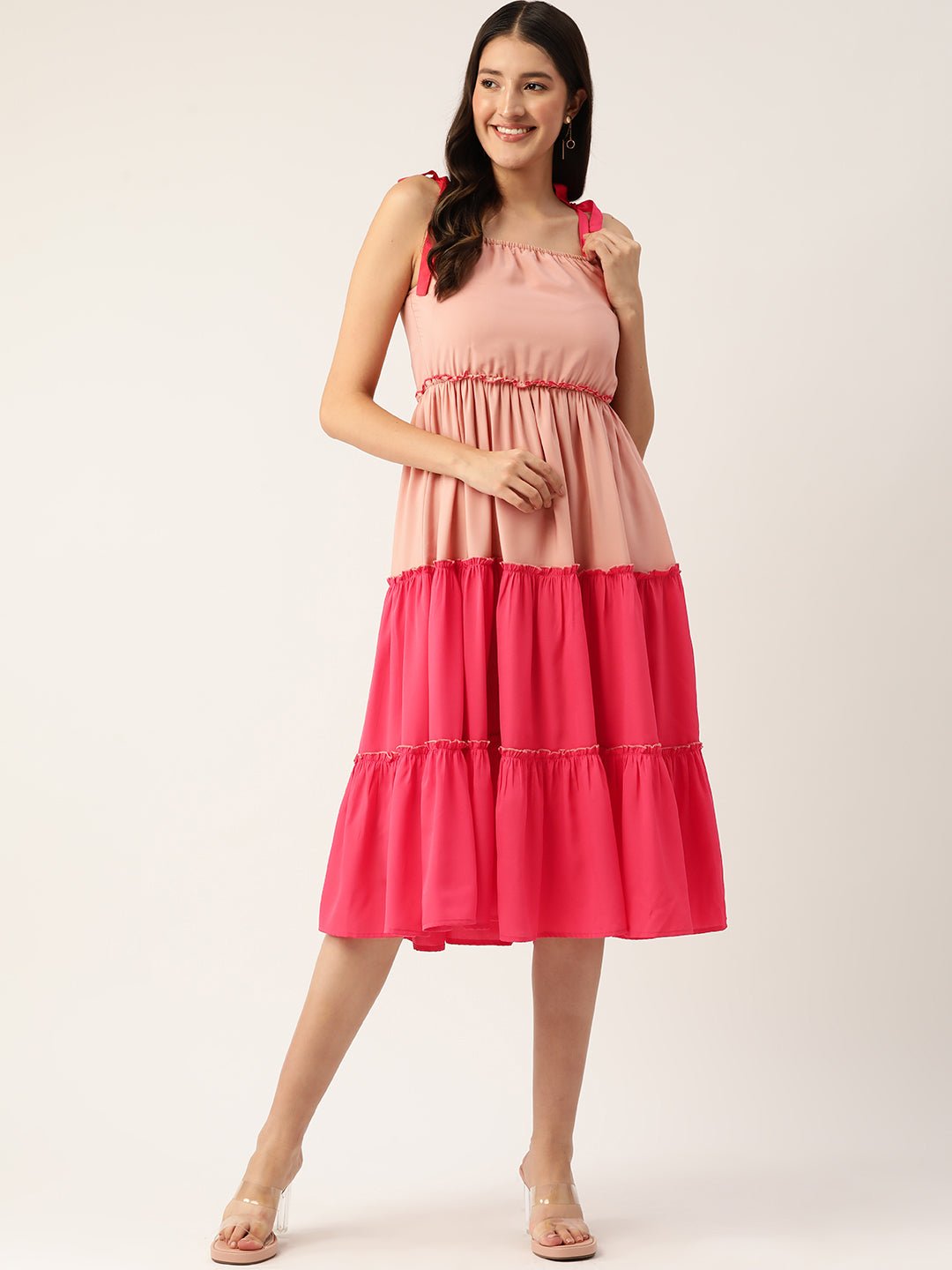 Colourblocked Tiered Crepe A - Line Dress - RueCollections