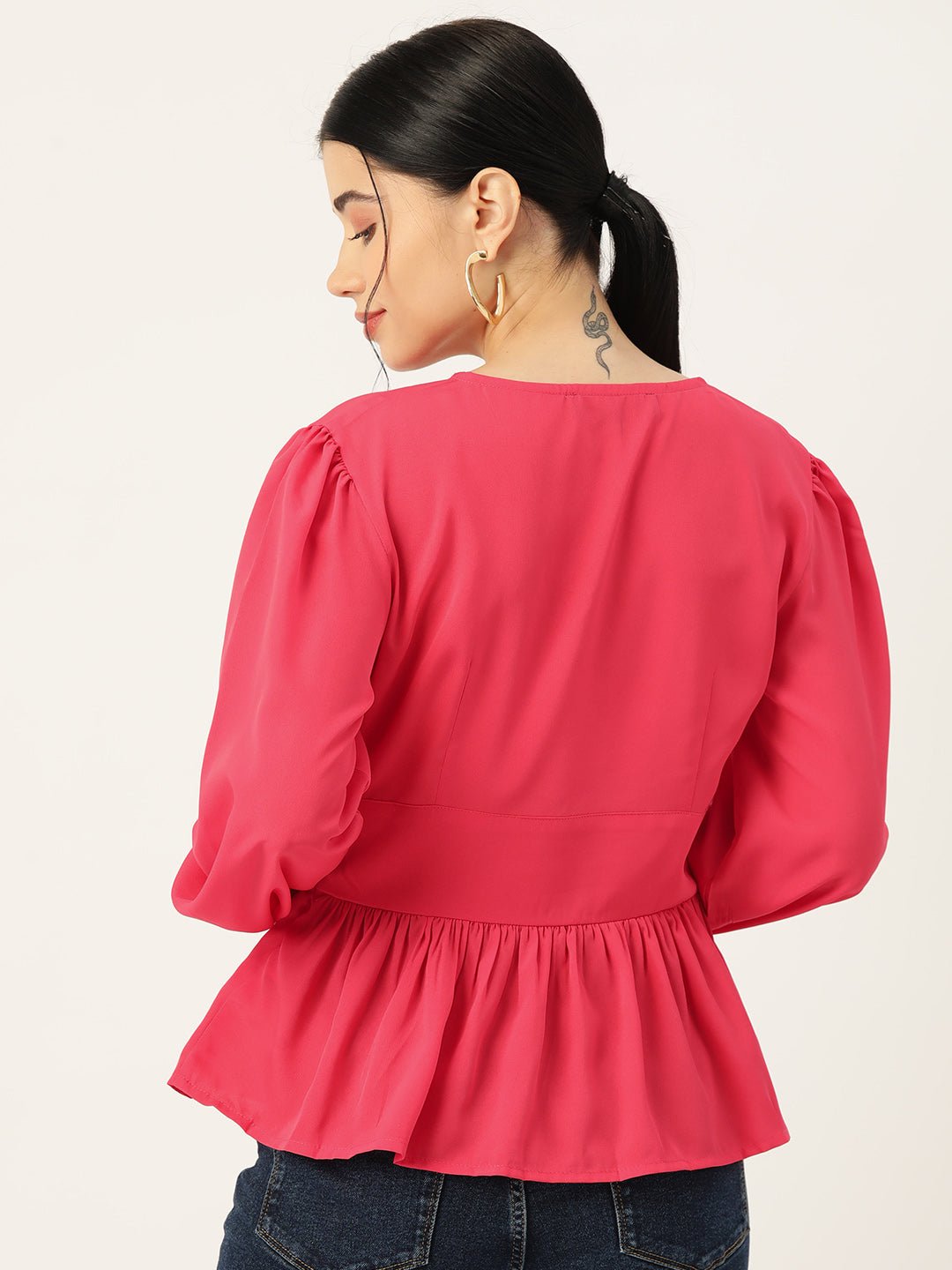 Coral Solid Puff Sleeve Crepe Peplum Top - RueCollections