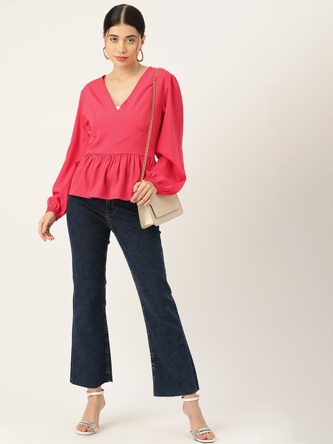 Coral Solid Puff Sleeve Crepe Peplum Top - RueCollections