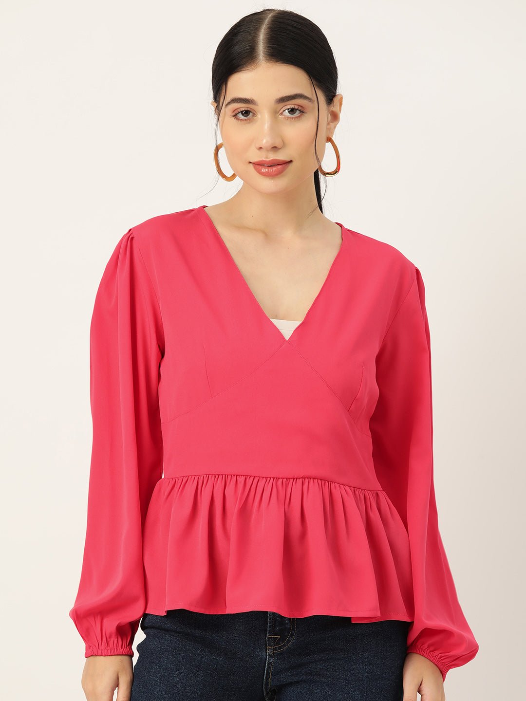 Coral Solid Puff Sleeve Crepe Peplum Top - RueCollections