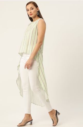 Green & Taupe Striped Crepe High - Low Longline Top - RueCollections