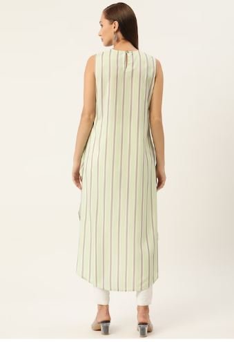 Green & Taupe Striped Crepe High - Low Longline Top - RueCollections