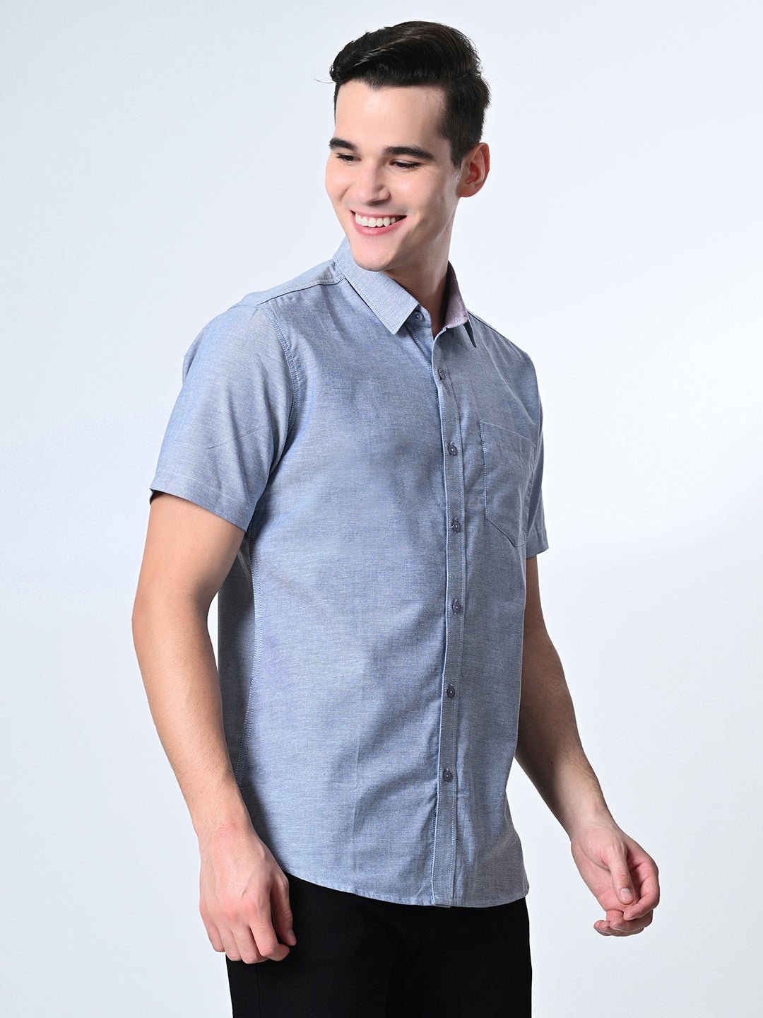 Grey Chambray Half Sleeve Shirt - RueCollections