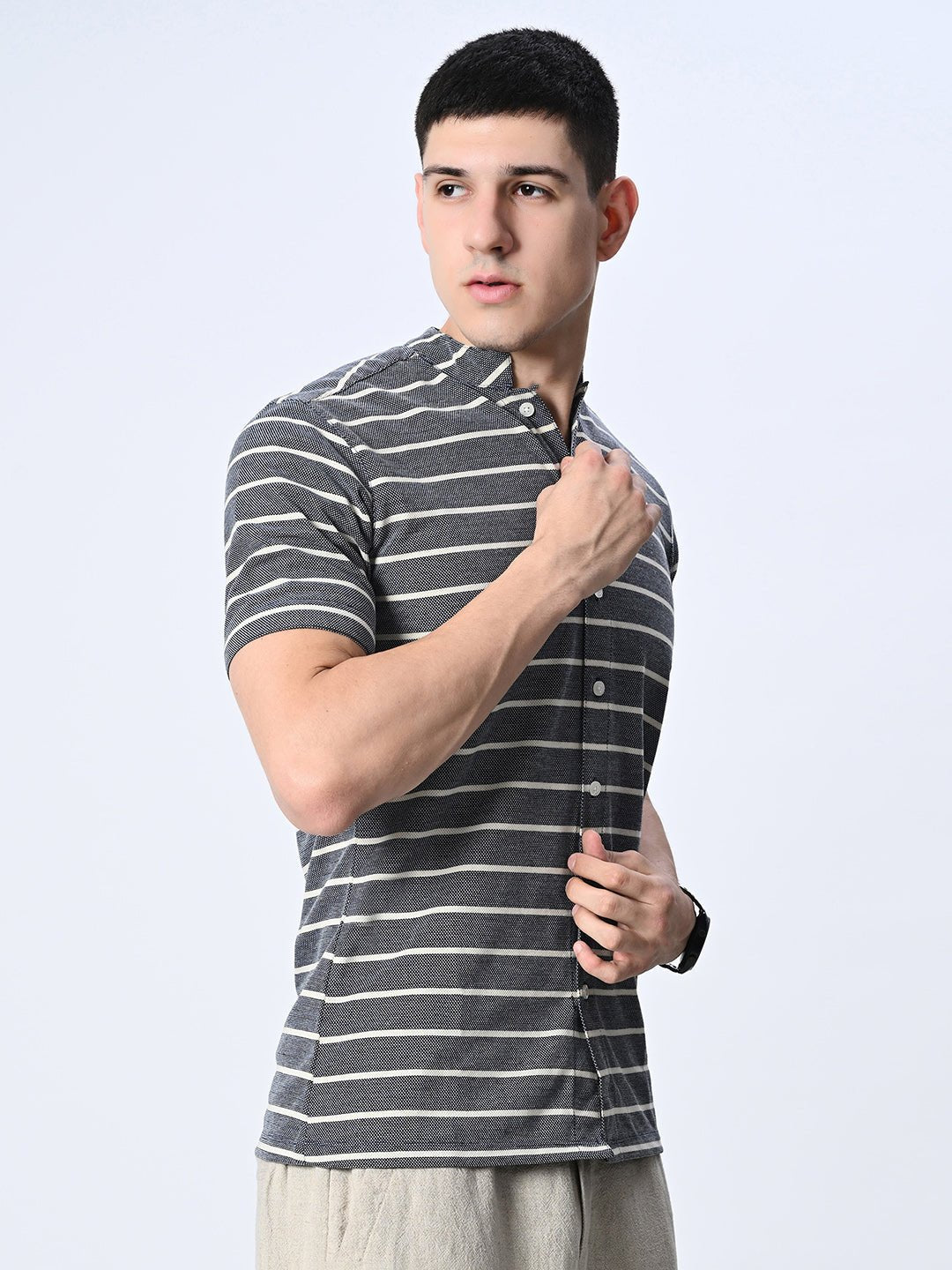 Grey Striped Pure Cotton Shirt - RueCollections