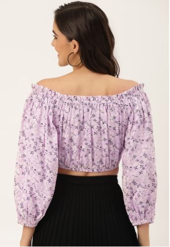 Lavender & White Floral Print Off - Shoulder Blouson Crop Top - RueCollections