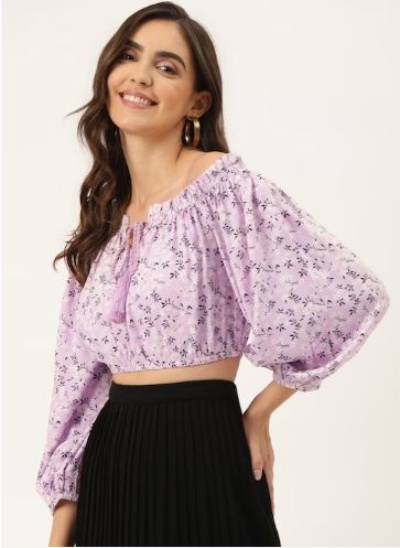 Lavender & White Floral Print Off - Shoulder Blouson Crop Top - RueCollections