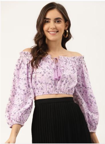 Lavender & White Floral Print Off - Shoulder Blouson Crop Top - RueCollections