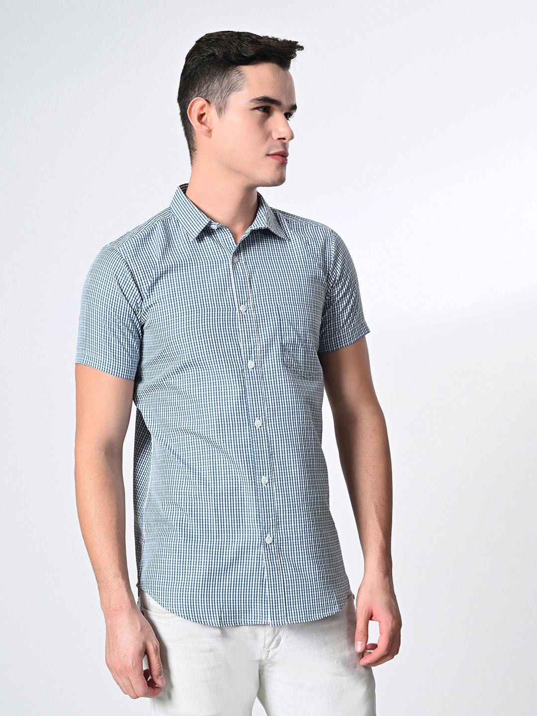 Men's Green PV Half Sleeves Checks Shirt - RueCollections