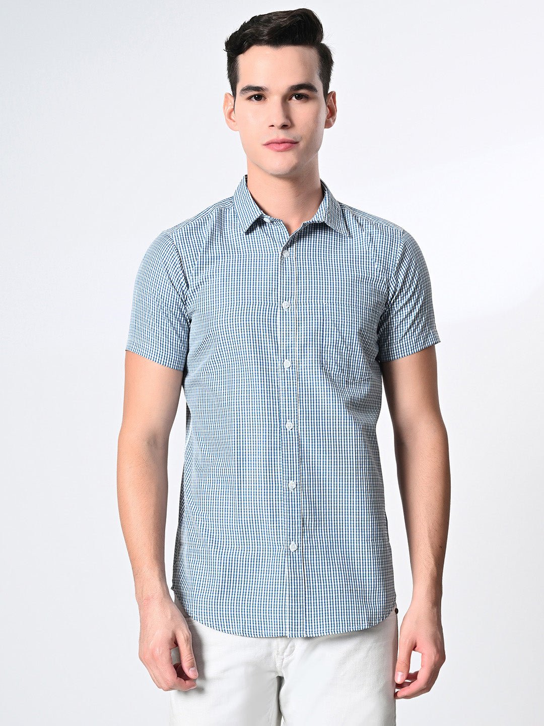 Men's Green PV Half Sleeves Checks Shirt - RueCollections