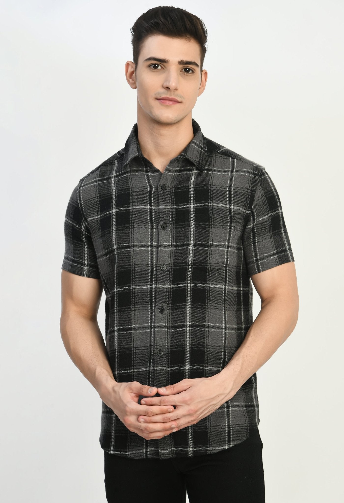 Men's Half Sleeves Black Flannel Shirt - RueCollections