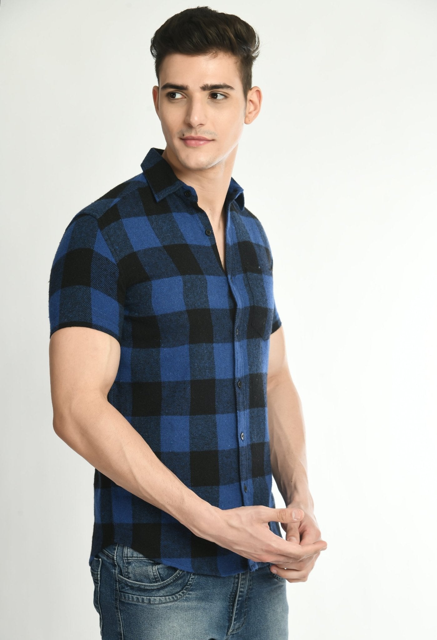 Men's Half Sleeves Blue Flannel Shirt - RueCollections