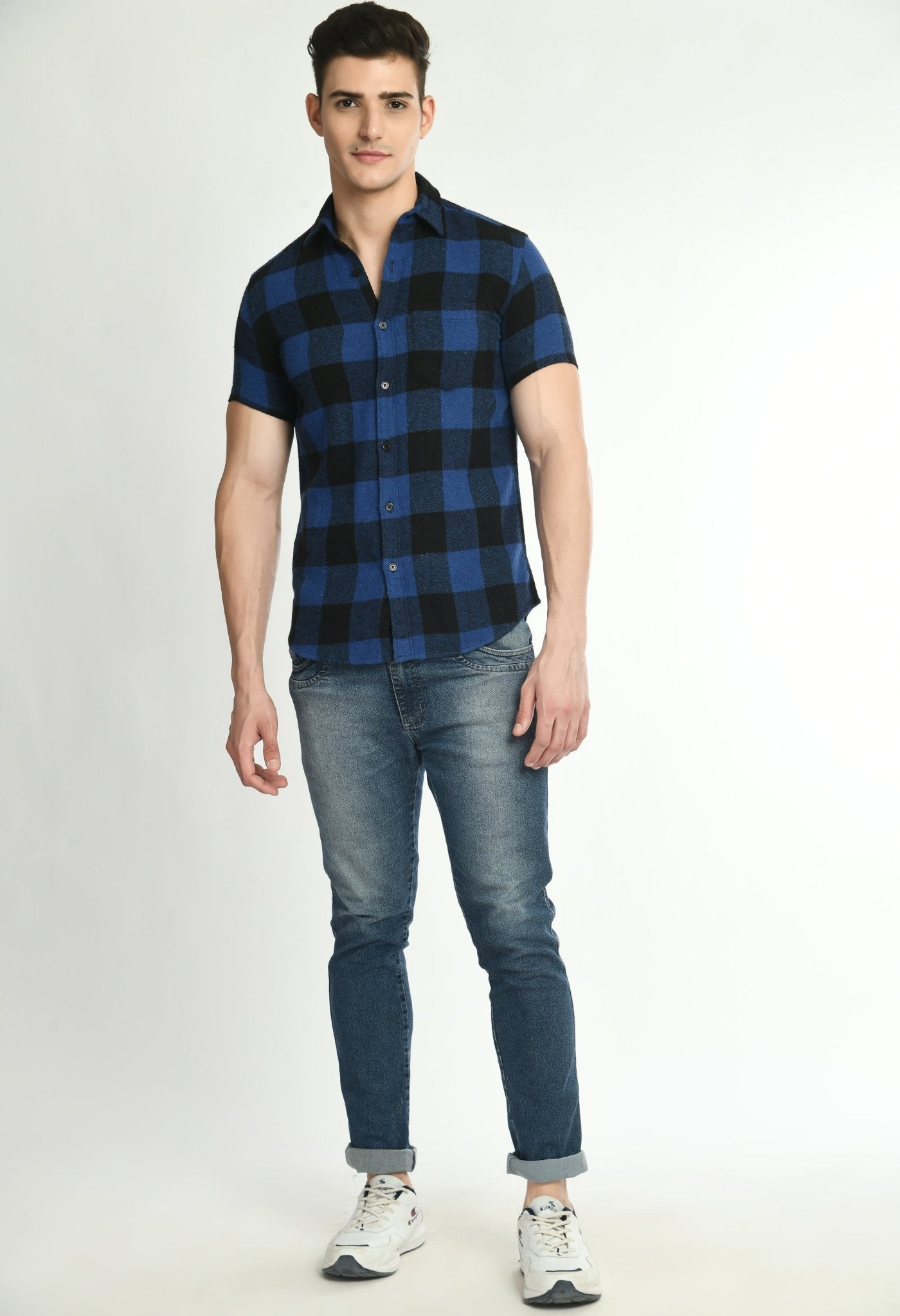 Men's Half Sleeves Blue Flannel Shirt - RueCollections