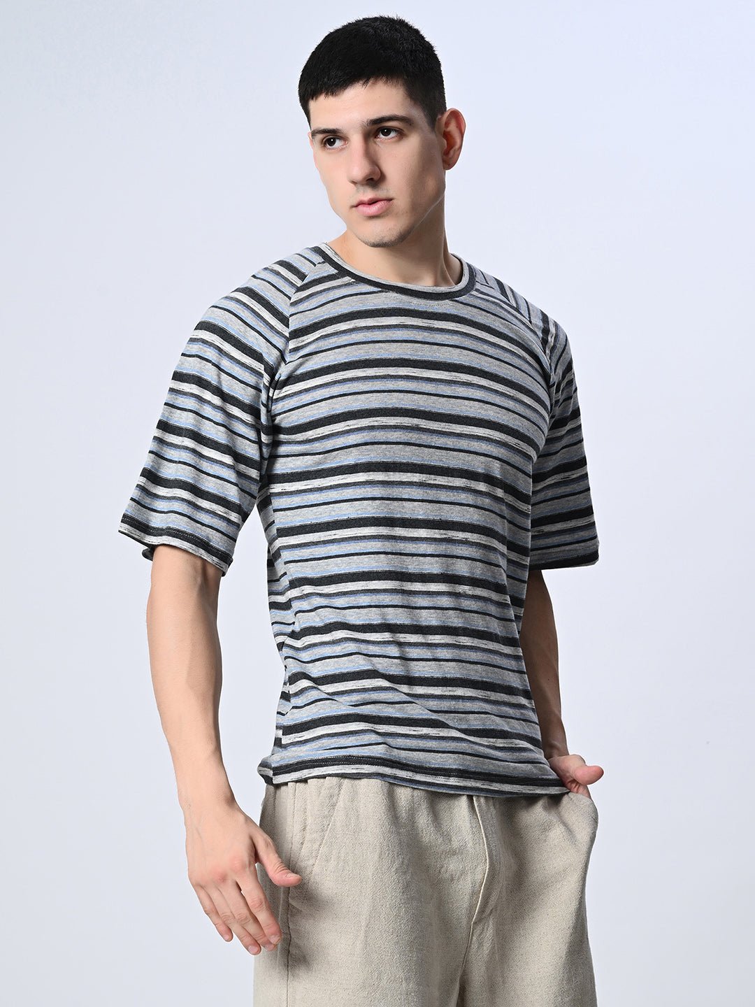 Multi Color Stripes Round Neck T-shirt - RueCollections