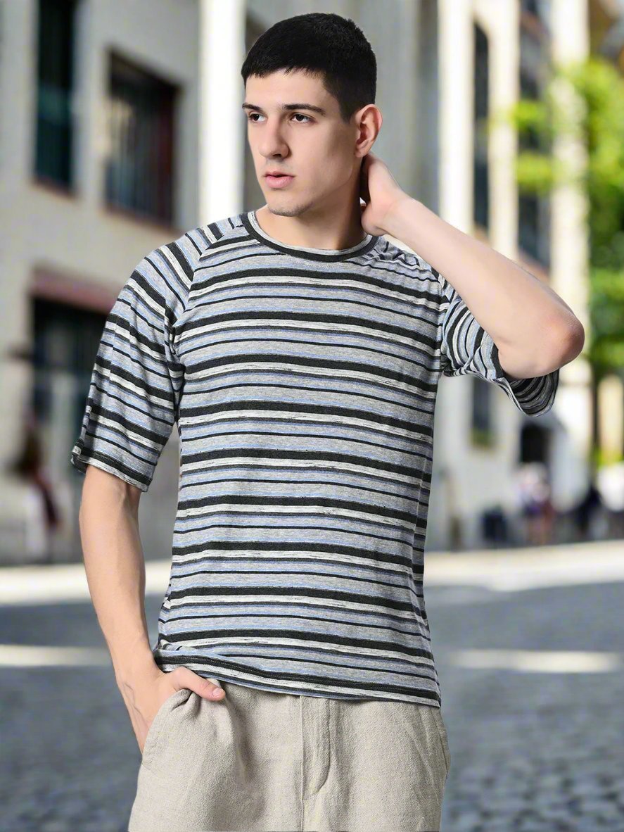 Multi Color Stripes Round Neck T-shirt - RueCollections