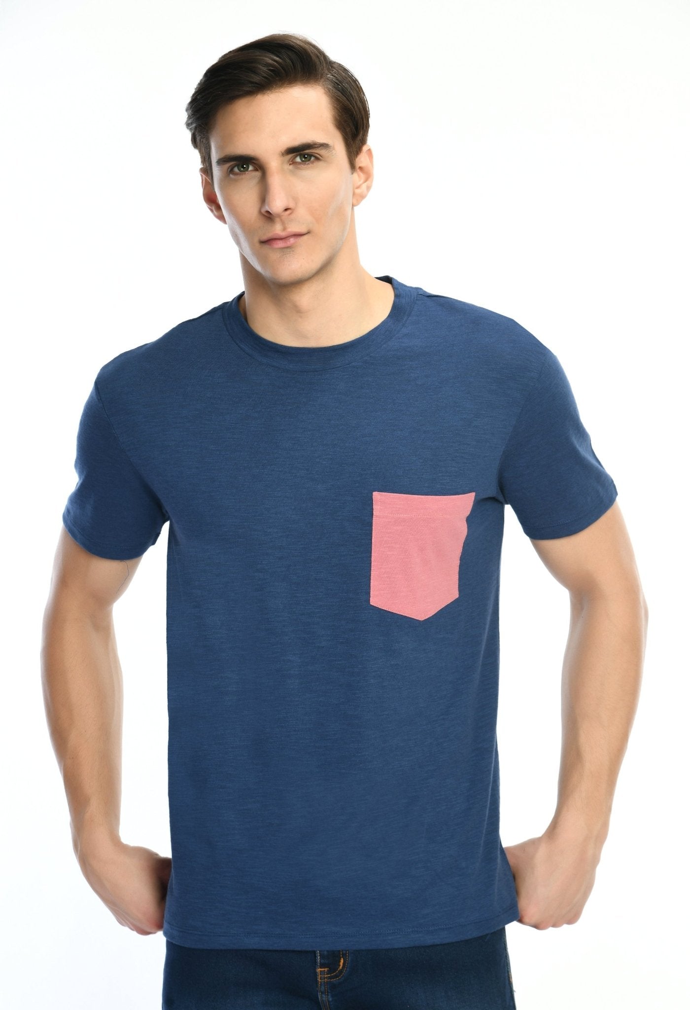 Navy Blue Cotton T-shirt with Contrast Pocket - RueCollections