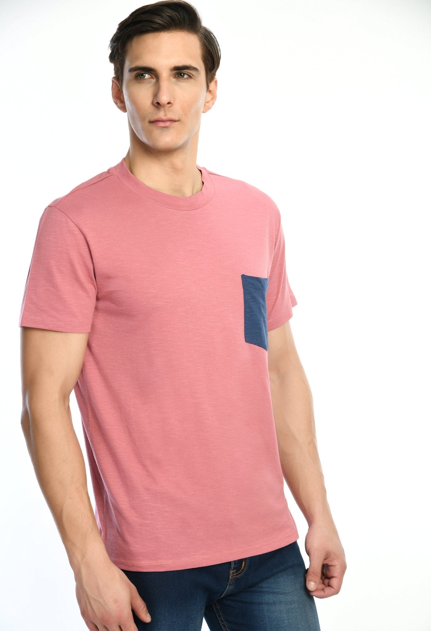 Pink Cotton T-shirt with Contrast Pocket - RueCollections