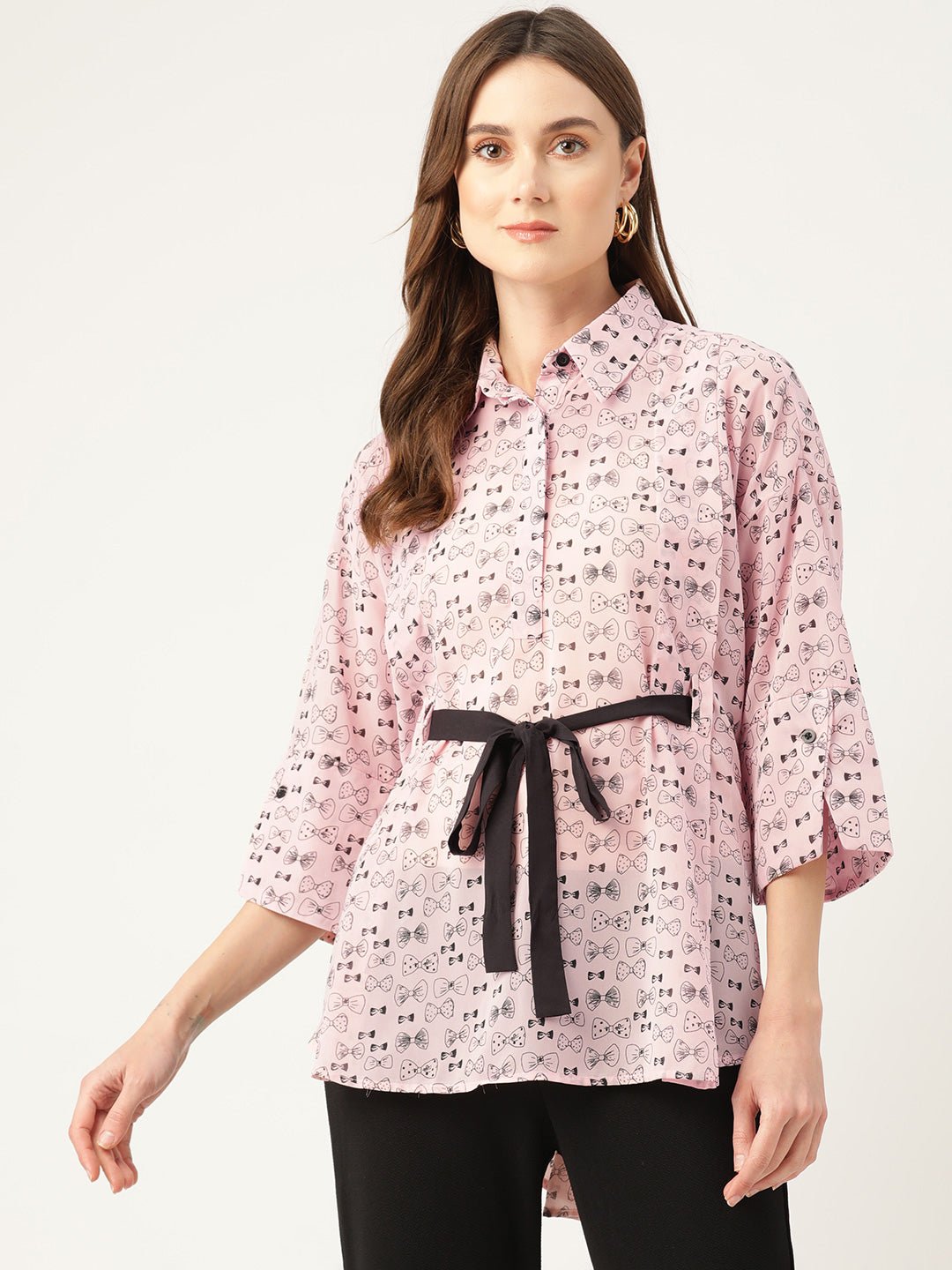 Print Georgette Shirt Style Longline Top with Waist Tie - Ups - RueCollections