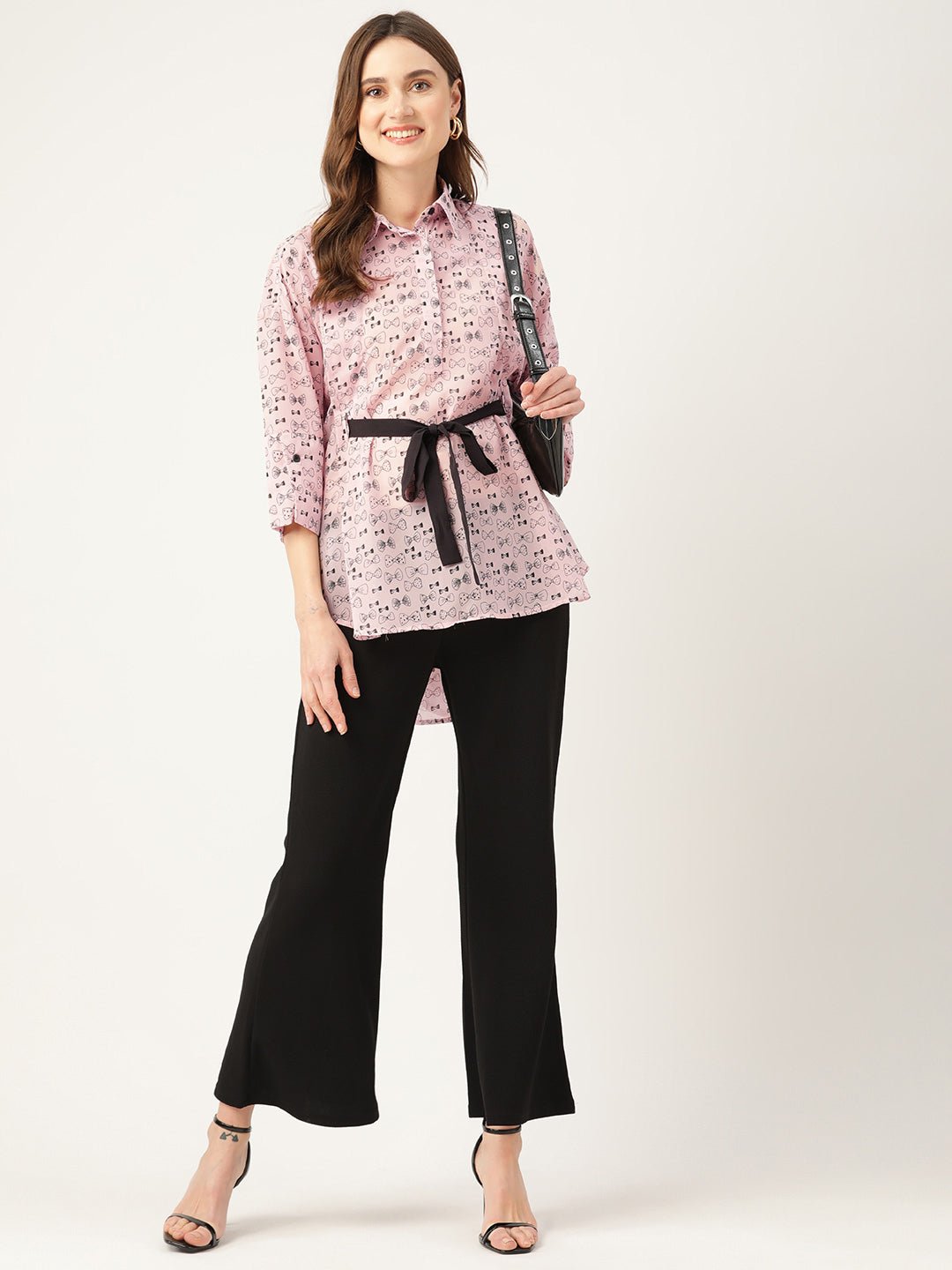 Print Georgette Shirt Style Longline Top with Waist Tie - Ups - RueCollections